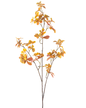 La Branche Artificielle Enkianthus 112 cm jaune est une branche artificielle unique avec de multiples tiges et des feuilles d'automne jaunes, sur un fond blanc uni.