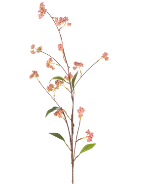 La fleur artificielle Baies 95 cm rose a une tige longue et fine avec un certain nombre de petits bouquets de baies roses et quelques feuilles vertes, représentées sur un fond blanc uni.