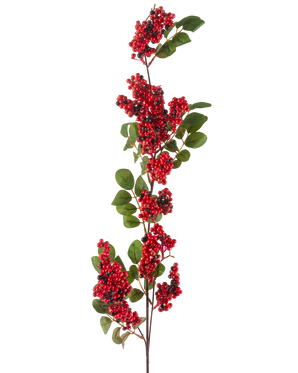 La Fleur Artificielle Baies 104 cm rouge a une seule branche avec des grappes de petites baies rouge vif et des feuilles vertes sur un fond blanc.