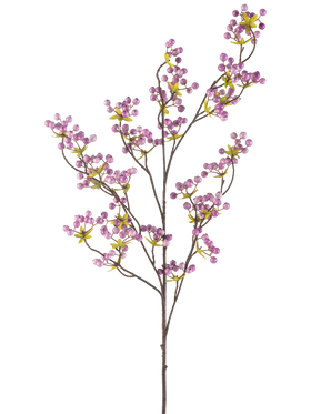 La Fleur Artificielle Baies 107 cm violette possède une seule branche élancée avec de multiples tiges fines, chacune décorée de grappes de petites baies rondes violet clair et de quelques feuilles vertes, sur un fond blanc uni.