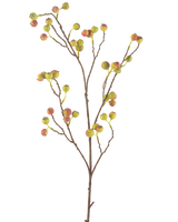 La Fleur Artificielle Baie d'Aubépine 104 cm vert/rouge possède une fine tige brune avec plusieurs ramifications, chacune décorée de grappes de petites baies vertes et rouges, sur un fond blanc.