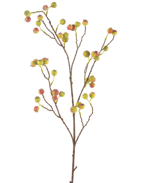 La Fleur Artificielle Baie d'Aubépine 104 cm vert/rouge possède une fine tige brune avec plusieurs ramifications, chacune décorée de grappes de petites baies vertes et rouges, sur un fond blanc.