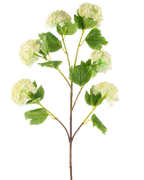 La boule de neige artificielle de 94 cm verte a une seule tige artificielle avec des bouquets de fleurs vert clair ressemblant à des hortensias et quelques feuilles vertes, représentées sur un fond blanc.