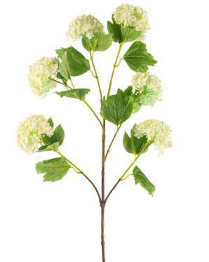 La boule de neige artificielle de 94 cm verte a une seule tige artificielle avec des bouquets de fleurs vert clair ressemblant à des hortensias et quelques feuilles vertes, représentées sur un fond blanc.