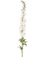La Fleur Artificielle Larkspur 137 cm blanc est une haute tige d'éperon artificielle avec plusieurs petites fleurs blanches sur toute sa longueur et des feuilles vertes à la base, sur un fond blanc uni.