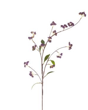 La Fleur Artificielle Baies 95 cm violette possède une seule tige marron aux multiples branches, ornée de grappes de baies violettes et de quelques feuilles vertes, parfaitement isolées sur un fond blanc.