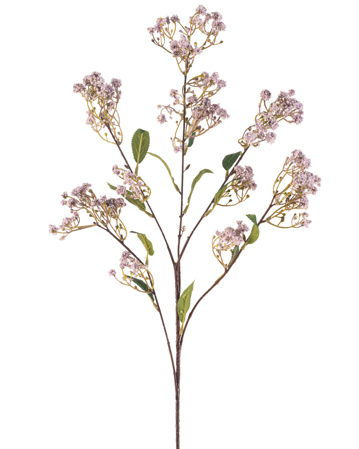 La Fleur Artificielle Baby's Breath 89 cm lilas possède une longue tige avec plusieurs branches, chacune décorée de bouquets de petites fleurs violet clair et de quelques feuilles vertes, sur un fond uni blanc.