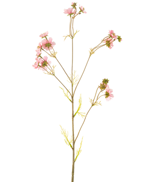 Une fleur artificielle Cosmos 95 cm rose a une seule tige haute avec de multiples branches fines, chacune décorée de bouquets de fleurs roses délicates et de feuilles vert clair, sur un fond blanc uni.