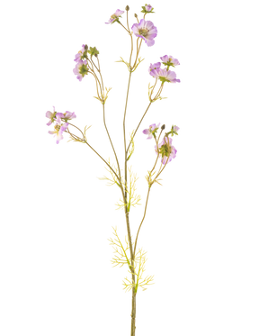 La Fleur Artificielle Cosmos 95 cm lilas a une tige délicate avec plusieurs fleurs violet clair et de petites feuilles vertes, magnifiques sur un fond blanc uni.