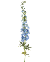 Une seule tige de pied d'alouette artificiel de 137 cm bleu foncé, avec plusieurs fleurs artificielles bleu foncé et des feuilles vertes, disposées le long de la tige supérieure et sur un fond blanc.