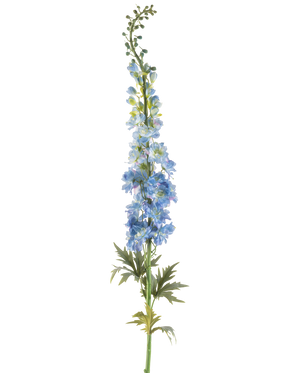 Une seule tige de pied d'alouette artificiel de 137 cm bleu foncé, avec plusieurs fleurs artificielles bleu foncé et des feuilles vertes, disposées le long de la tige supérieure et sur un fond blanc.
