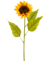 De Kunstbloem Zonnebloem 71 cm geel is een kunstzonnebloem met heldergele bloemblaadjes, een donkerbruin hart en drie grote groene bladeren op een lange groene steel, tegen een effen witte achtergrond.