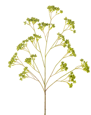 La Boite à Semences Branches Artificielles 80 cm verte possède une tige unique ramifiée avec plusieurs grappes de petites feuilles vertes, toutes disposées symétriquement sur un fond blanc.