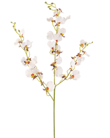 L'Orchidée Fleur Artificielle 98 cm crème est une unique tige d'orchidée crème artificielle avec de multiples fleurs délicates et de multiples bourgeons, avec des centres jaunes et violets, isolés sur un fond blanc uni.