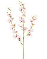 La fleur d'orchidée artificielle 98 cm blush a une seule longue tige avec de multiples fleurs et bourgeons d'orchidées rose clair délicats, de fines branches vertes et de petites feuilles ovales, le tout sur un fond blanc uni.