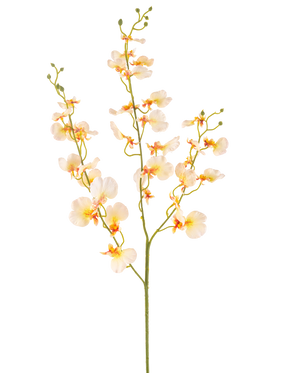 La fleur d'orchidée artificielle 98 cm jaune clair a une longue tige verte avec de multiples branches et de délicates orchidées jaune clair, chacune avec un doux cœur orange et rouge, le tout sur un fond blanc.