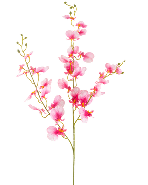 La fleur d'orchidée artificielle 98 cm rose a une tige unique avec de multiples branches de fleurs d'orchidée rose vif, des pétales délicats et des bourgeons verts, sur un fond blanc uni.