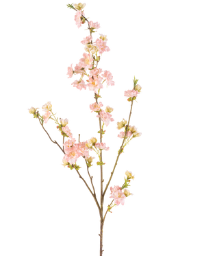 La Fleur de Cerisier Artificielle 94 cm rose clair possède une seule branche aux multiples ramifications, décorée de bouquets de délicates fleurs de cerisier rose clair et de bourgeons verts, sur un fond uni blanc.