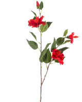 La fleur artificielle Hibiscus 89 cm rouge a une seule tige avec trois fleurs d'hibiscus rouge vif et des feuilles vertes luxuriantes sur un fond blanc.