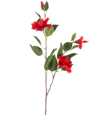 La fleur artificielle Hibiscus 89 cm rouge a une seule tige avec trois fleurs d'hibiscus rouge vif et des feuilles vertes luxuriantes sur un fond blanc.