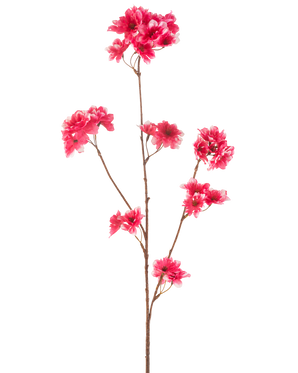 La Fleur de Cerisier Artificielle 85 cm fuchsia a une seule tige marron avec de multiples branches, chacune décorée de grappes de fleurs de cerisier artificielles fuchsia vibrantes, sur un fond blanc uni.