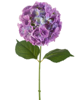 La fleur d'hortensia artificielle 75 cm violet possède une seule tige d'hortensia artificielle avec de grandes grappes rondes de pétales violets et deux larges feuilles vertes, sur un fond blanc.