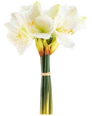 La Fleur Artificielle Amaryllis Real Touch blanche 36 cm présente des fleurs d'amaryllis blanches réalistes avec un centre vert clair et des étamines jaunes, nouées avec une bande beige autour de tiges vertes, parfaites sur un fond blanc uni.