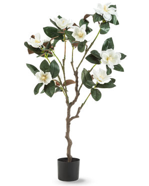 La plante artificielle Yulania 120 cm avec fleur est un magnolia artificiel en pot avec de multiples branches, de grandes feuilles vertes brillantes et plusieurs fleurs blanches sur un fond uni blanc.