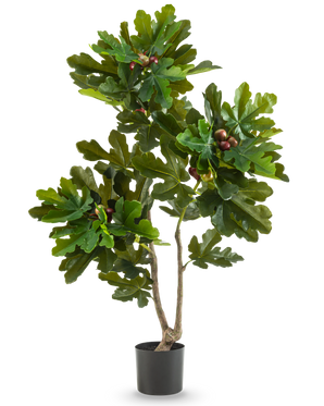 La plante artificielle Ficus Carica Figuier 120 cm présente des feuilles vertes luxuriantes et de petits fruits bruns dans un pot noir, sur un fond blanc uni.
