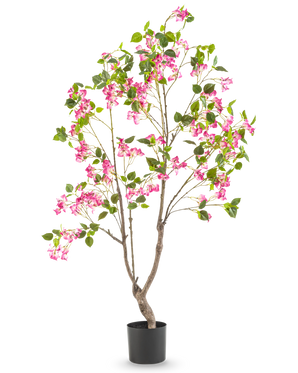 Le Bougainvillier Artificiel 150 cm est une grande plante artificielle avec de multiples branches, des feuilles vertes et des fleurs rose vif dans un pot noir, sur un fond blanc uni.