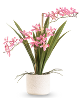 La Plante Artificielle Mini Cymbidium Real Touch 45 cm rose possède de longues feuilles vertes et plusieurs tiges de fleurs roses, disposées dans un pot simple à texture blanche et sur un fond uni.
