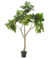 Le figuier artificiel Ficus Carica de 210 cm a de multiples branches, des feuilles vertes luxuriantes et plusieurs figues non mûres sur un fond blanc uni.