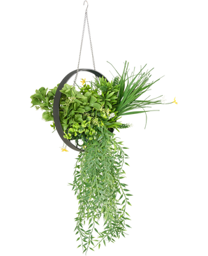De Kunst hangplant varen UV 30 cm in ring zwart is een hangende ronde metalen plantenbak met weelderig kunstgroen varenblad, slepende bladeren en een zilveren ketting, tegen een witte achtergrond.