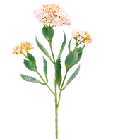 La Fleur Artificielle Kalanchoe 47 cm rose a une seule tige verte avec trois bouquets de petites fleurs rose clair et couleur pêche et des feuilles vertes allongées dentelées, isolées sur un fond blanc.