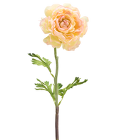 Une fleur artificielle de renoncule de 51 cm blanc clair : une seule fleur de renoncule artificielle pâle avec des pétales blanc clair, des feuilles vertes et une longue tige sur un fond blanc.