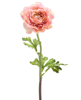 La Fleur Artificielle Renoncule 51 cm rose possède une seule renoncule rose avec des pétales superposés et des feuilles vertes sur une longue tige, isolée sur un fond blanc.