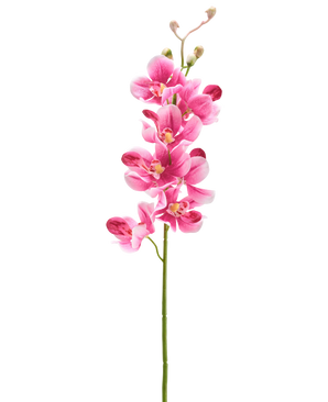 Une orchidée artificielle de 55 cm mauve avec plusieurs fleurs et bourgeons rose mauve vibrants se dresse sur un fond blanc uni.