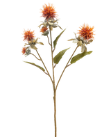 La Fleur Artificielle Carthame 57 cm vieux orange a une seule tige avec trois fleurs orange épineuses ressemblant à un chardon et plusieurs feuilles vertes, isolées sur un fond blanc.