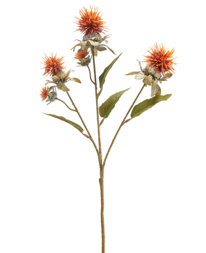 La Fleur Artificielle Carthame 57 cm vieux orange a une seule tige avec trois fleurs orange épineuses ressemblant à un chardon et plusieurs feuilles vertes, isolées sur un fond blanc.