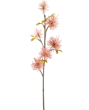 La Fleur Artificielle Xanthium 53 cm vieux rose a une tige longue et fine avec des fleurs artificielles rose vaporeux et des feuilles vert-jaune sur un fond blanc uni.