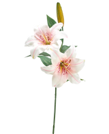 La Fleur de Lys Artificielle 66 cm blanc/rose a une seule tige avec deux lys blancs et roses ouverts, un bouton jaune fermé et des feuilles vertes, sur un fond blanc uni.