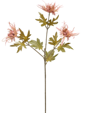 Une seule tige de chardon artificiel de 60 cm orange avec trois fleurs oranges épineuses et plusieurs feuilles vertes dentelées, isolées sur un fond blanc.