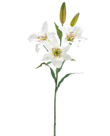 La Fleur de Lys Artificielle 78 cm blanc possède une tige unique avec trois fleurs de lys blanches ouvertes, un cœur rose moucheté, deux bourgeons fermés et des feuilles vertes, sur un fond blanc uni.