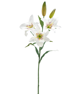 La Fleur de Lys Artificielle 78 cm blanc possède une tige unique avec trois fleurs de lys blanches ouvertes, un cœur rose moucheté, deux bourgeons fermés et des feuilles vertes, sur un fond blanc uni.