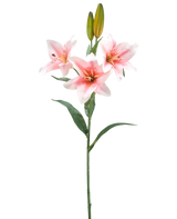 Une seule tige de Lys Artificiel 78 cm blanc/rose a trois lys roses et blancs en fleurs, deux bourgeons fermés et des feuilles vertes, sur un fond blanc uni.