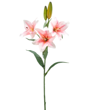 Une seule tige de Lys Artificiel 78 cm blanc/rose a trois lys roses et blancs en fleurs, deux bourgeons fermés et des feuilles vertes, sur un fond blanc uni.