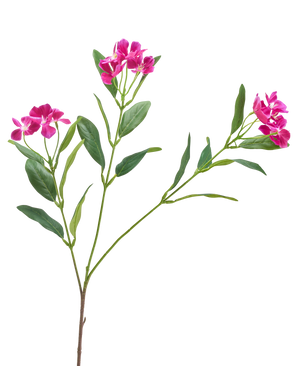 La fleur artificielle Catharanthus 68 cm violette présente des bouquets de fleurs violettes vibrantes et de fines feuilles vertes sur fond blanc.