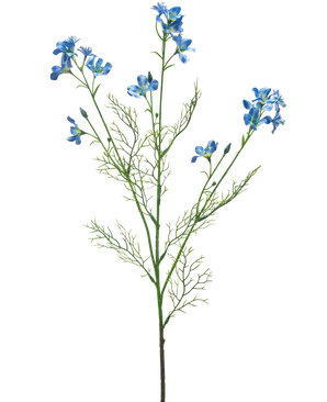 La Fleur Artificielle Wild Delphinium 71 cm bleu a une longue et fine tige verte avec des feuilles filandreuses et des bouquets de fleurs bleues qui se ramifient au sommet, sur un fond blanc.