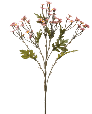 La Fleur Artificielle Mini Marguerite 61 cm mauve est une tige unique aux multiples branches, ornée de petites fleurs mauves et de feuilles vertes, isolées sur un fond blanc.