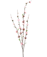 La fleur artificielle Blossom 93 cm rose a trois fines branches brunes avec de petites fleurs rose pâle et des feuilles vertes, réparties sur les tiges pour un aspect délicat et aérien sur un fond blanc.